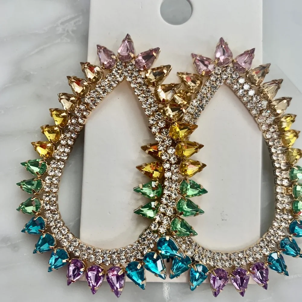 New Express Teardrop Earring rainbow ombre colorful round rhinestone gold - Picture 3 of 5